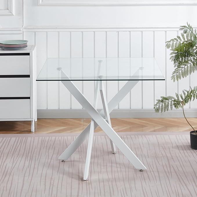 SSLine 35.4" Square Glass Dining Table for 2-4 Modern Clear Glass Tabletop Kitchen Table for 4 Luxury Dinner Tables with White Metal Legs for Home Kitchen Dining Room(Table Only)