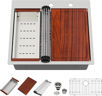 25 Drop In Kitchen Sink - Beslend 25x22 Inch Stainless Steel Sinks Ledge Workstation 16 Gauge Top Mount Handmade Single Bowl Kitchen Sink with Accessories