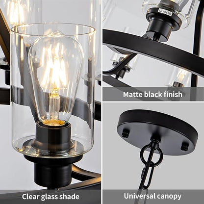 6-Light Farmhouse Chandelier Wagon Wheel Pendant Light Fixtures for Dining Room Living Room Island Kitchen Foyer Bedroom, Modern Black Industrial Rustic Adjustable Height Metal E26 Base