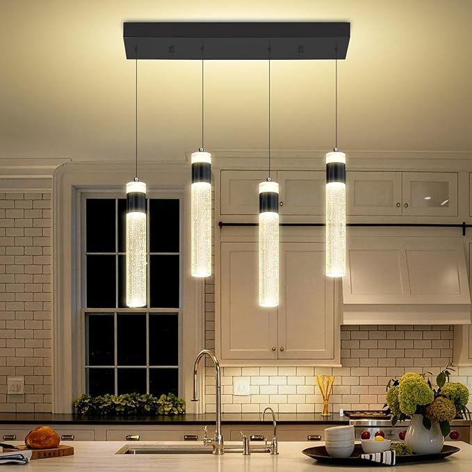 Dimmable 4-Light Pendant Lights Kitchen Island Modern LED Crystal Ceiling Light for Dinning Room Living Room 32W Black