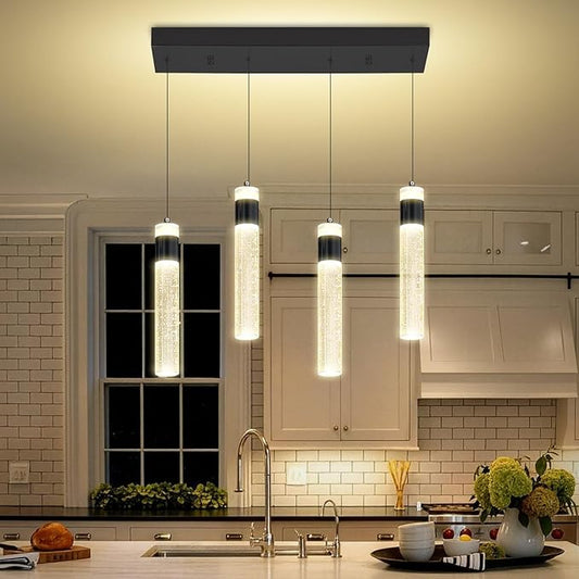 Dimmable 4-Light Pendant Lights Kitchen Island Modern LED Crystal Ceiling Light for Dinning Room Living Room 32W Black