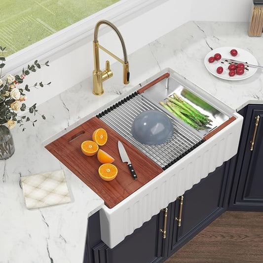 Kichae 33 White Farmhouse Kitchen Sink - 33X20 Inch Ledge Workstation Reversible Fluted Apron Front Ceramic Porcelain Farm Sinks Single Bowl with Gold Drain