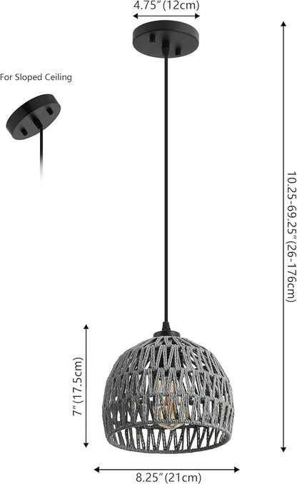 JONATHAN Y 8.25" Gray Modern Bohemian Woven Rope LED Pendant Light Fixture, Adjustable Dome Ceiling Lamp for Kitchen Island, Rope Shade, Coastal Farmhouse Decor (JYL6512D)