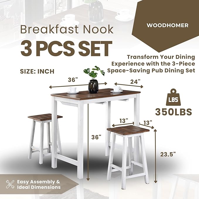 Small Kitchen Island with Seating, Modern Farmhouse 3 Piece Counter Height Dining Set, Solid Wood Counter Bar, Space Saving Breakfast Pub Set for 2, Ideal for Small Home
