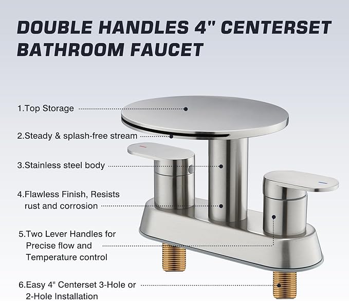 Waterfall Bathroom Sink Faucet 3 Hole Brushed Nickel，Modern 2 Handle Vanity Faucet for Bathroom Sink 4 inch Centerset with Round Shelf & Metal Pop-Up Drain