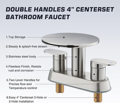 Waterfall Bathroom Sink Faucet 3 Hole Brushed Nickel，Modern 2 Handle Vanity Faucet for Bathroom Sink 4 inch Centerset with Round Shelf & Metal Pop-Up Drain