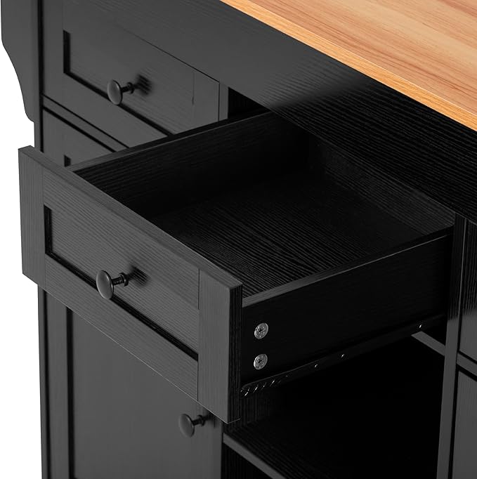 Polibi 85.5" Rolling Kitchen Island with Extendable Dining Table, 3 Drawers, 2 Doors, 3-Tier Open Shelves, Power Outlet, Mobile Cart with Wheels for Kitchen Storage, Black