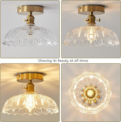 Semi Flush Mount Ceiling Light, Gold Vintage Hallway Light Fixture with Clear Water Lily Glass Lampshade Brass Modern Ceiling Light Fixtures for Porch Kitchen Bedroom Hallway
