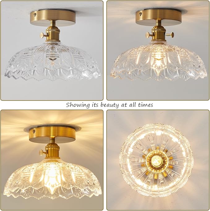 Semi Flush Mount Ceiling Light, Gold Vintage Hallway Light Fixture with Clear Water Lily Glass Lampshade Brass Modern Ceiling Light Fixtures for Porch Kitchen Bedroom Hallway 2pack