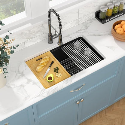 Sarlai 28 Black Kitchen Sink Granite Composite - 28 x 19 inch Kitchen Sink Undermount Matte Black Granite Composite Quartz Single Bowl Under Counter Ledge Workstation Kitchen Sinks Basin