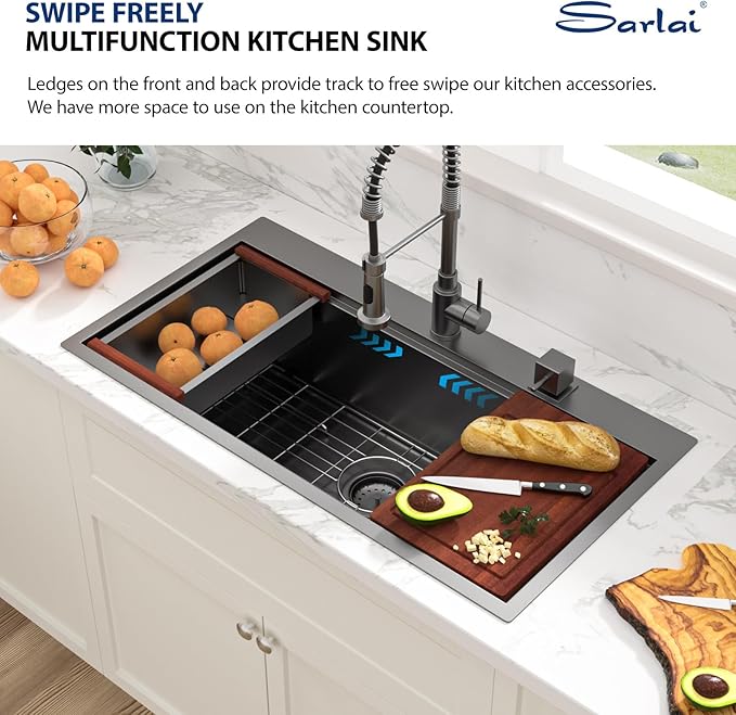 Sarlai 36 Inch Black Drop In Kitchen Sink Workstation - 36x19 Drop In Kitchen Sink Black Stainless Steel Topmount Workstation Sink 16 Gauge Deep Single Bowl Top-mount Kitchen Sink