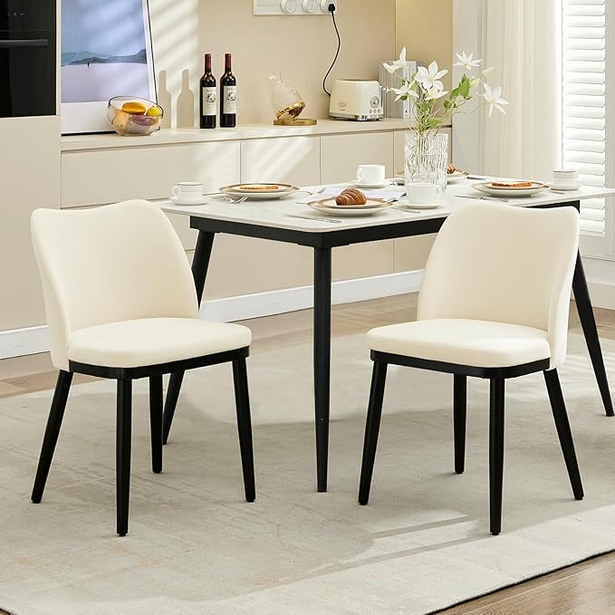 2 Dining Chairs: Upholstered Velvet Dining Room Side Chairs, Chair for Dining Room with Padded Seat and Wood Legs-Modern Dining Chairs for Restaurant, Kitchen, Cafe, Living Room(Off-White)
