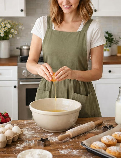 Pinknoke Cotton Linen Pinafore Apron Dress for Women with Pockets Cute Art Chef Aprons for Kitchen Baking Gardening Painting