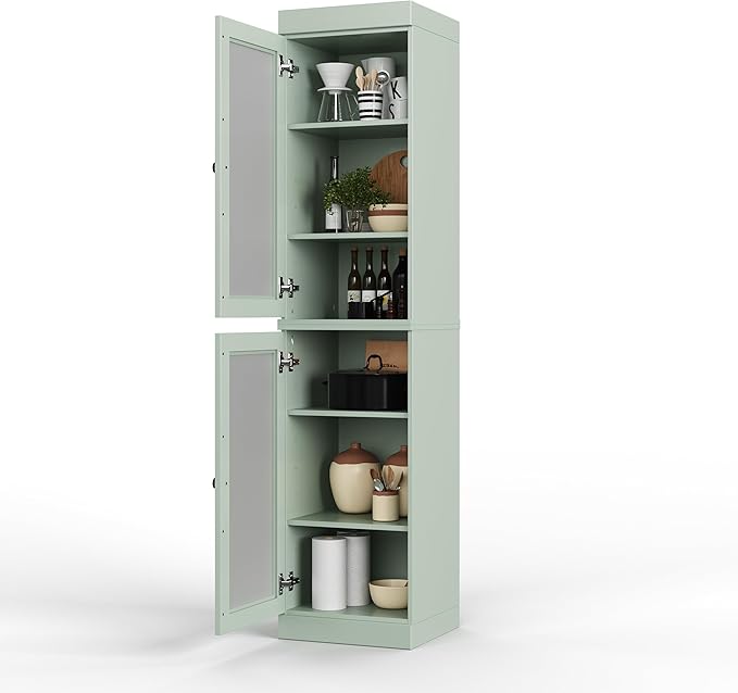 Palace Imports Solid Wood Kitchen Pantry Cabinet w/Frosted Glass Doors - Narrow Storage Cabinet - 16.5" Wide x 71.5" Tall - Sage, Adjustable Shelves, 100% Eco-Friendly Wood, Modular Cabinets