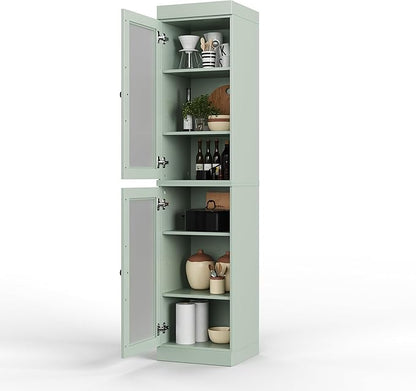 Palace Imports Solid Wood Kitchen Pantry Cabinet w/Frosted Glass Doors - Narrow Storage Cabinet - 16.5" Wide x 71.5" Tall - Sage, Adjustable Shelves, 100% Eco-Friendly Wood, Modular Cabinets