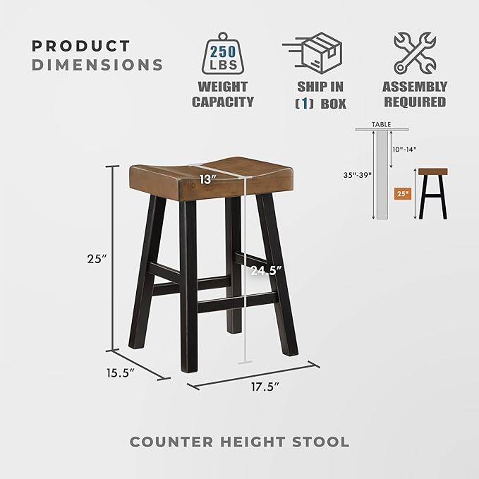 Lexicon Counter Height Stools Set of 2 - Solid Wood Counter Stools with Footrest, Armless Kitchen Chairs for Island, Living Room, Breakfast Nook, Sturdy, Transitional 25" Tall - Black/Brown