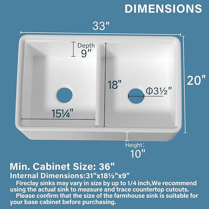 Double Bowl Farmhouse Sink Workstation White 33 x 20 Inch, Firecaly Apron Front Undermount Farm Sink Reversible(Sleek & Fluted Optional), Heavy-duty Dual Basin 50/50, for Kitchen