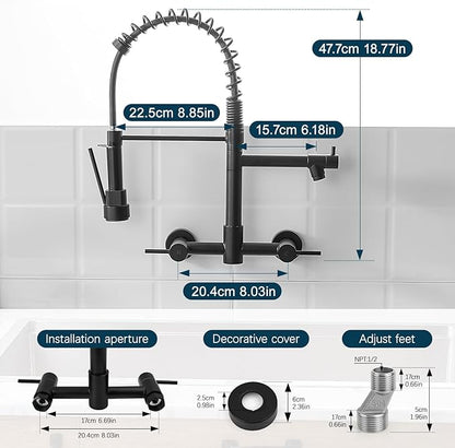 AIMADI Black Wall Mount Kitchen Faucet with Pull Down Sprayer Pot Filler | Matte Black Commercial Style Dual Handle Sink Faucet Spring Design for Kitchen