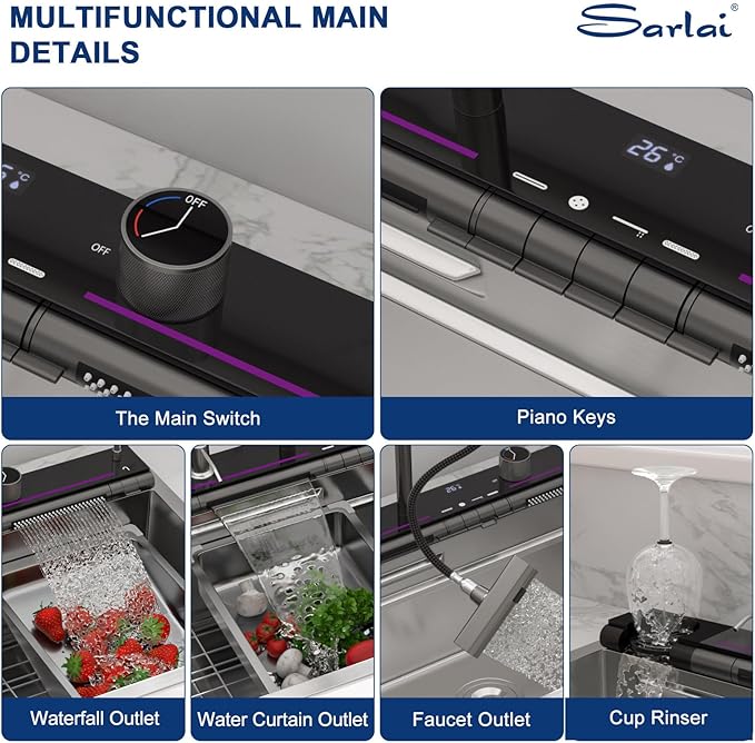 Sarlai Waterfall Kitchen Sink 33 Inch - Drop In Kitchen Sink 33x19 Inch Workstation Waterfall Smart Sinks Single Bowl 16 Gauge Stainless Steel Multifunction Topmount Sinks Basin with Faucet Combo