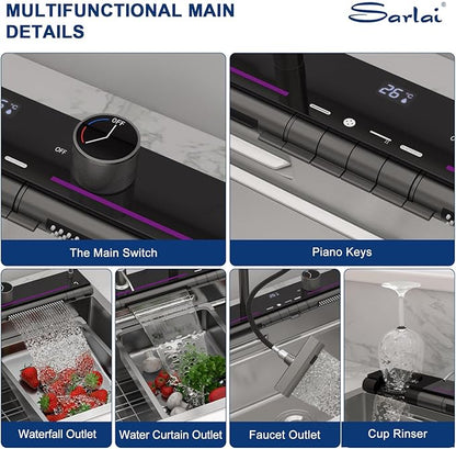 Sarlai Waterfall Kitchen Sink 33 Inch - Drop In Kitchen Sink 33x19 Inch Workstation Waterfall Smart Sinks Single Bowl 16 Gauge Stainless Steel Multifunction Topmount Sinks Basin with Faucet Combo