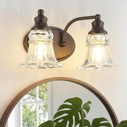 2-Light Bathroom Light Fixtures Over Mirror, Vintage Vanity Lights with Clear Floral Glass Shades, Oil Rubbed Bronze