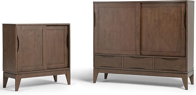SIMPLIHOME Harper SOLID WOOD 48 inch Wide Mid Century Modern Medium Storage Cabinet in Walnut Brown, with Large Space Behind 2 Sliding Notched Handle Doors, 2 Adjustable Shelves
