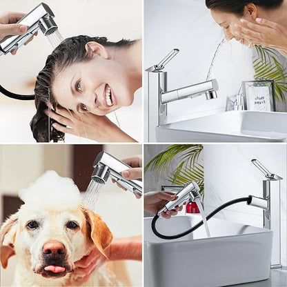 HANLIAN Single Hole Bathroom Pull Out Faucet with Rotating Spout, One Handle Faucet for Bathroom Sink, Modern Bathroom Faucet with Pull Down Sprayer, 3 Modes Vanity Faucets (Tall, Chrome)