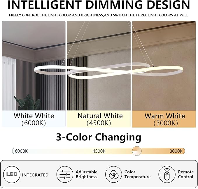 White LED Chandelier Lighting Fixture Minimalist Wave Design with Remote for Living Room Dining Room Kitchen Island Bedroom