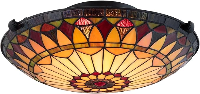 Kira Home Mateo 16" Tiffany Style Flush Mount Ceiling Light, 2-Light Hand-Crafted Art Glass Sunflower Pattern, Black Finish, Pack of 2