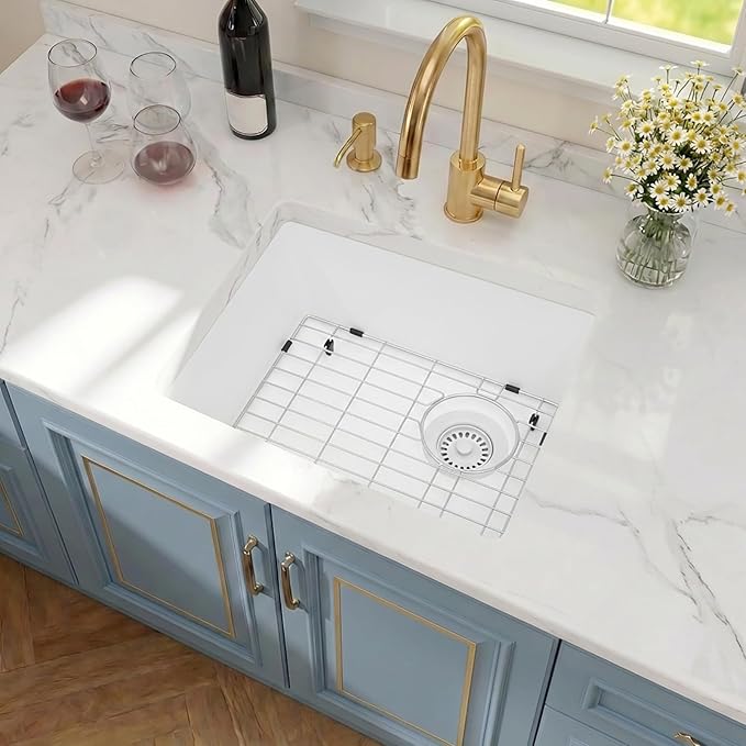 White Bar Sink,White Granite Composite Kitchen Sink With Accessories,19 Inch Undermount Quartz Stone Kitchen Sinks, 19" x 17" x 9 White Kitchen Sink with Offset Drain