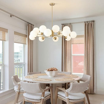 BOKT Gold Sputnik Chandelier 16-Light Globe Pendant Light Modern Ceiling Light Fixture Brushed Brass Chandelier Milk Glass Ball Large Pendant Lighting for Dining Room Kitchen Island Living Room