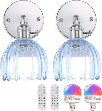 Shenmoyl Vintage Wall Sconce Set of 2 - Rechargeable Battery Powered with Remote Control, Clear Light Blue Tulip Glass Lampshade (5000mAh) for Bedroom/Doorway