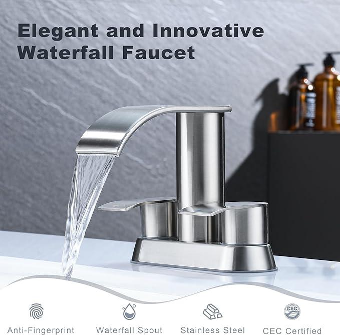 Ultimate Unicorn Waterfall Bathroom Sink Faucet Brushed Nickel, Two Handles Bathroom Faucet with Metal Pop up Sink Drain Stopper, Two Or 3 Holes Bathroom Basin Mixer Tap with Deck Mount Plate