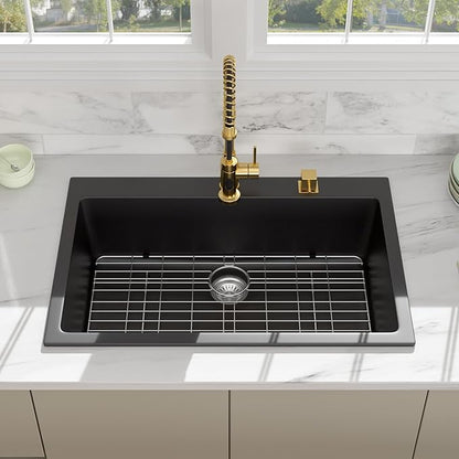 33 Granite Composite Kitchen Sink - Beslend 33x22 Inch Drop In Granite Kitchen Sink Topmount Black Quartz Sinks Classic Above Counter Single Bowl Basin