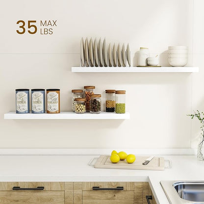Dreamland 36Inch Floating Shelves for Wall, Rustic Wooden White Floating Shelves for Bathroom|Bedroom|Kitchen, Deep Wall Mounted Book Shelf, Wood Storage Display Shelf for Home Decor, Set of 2