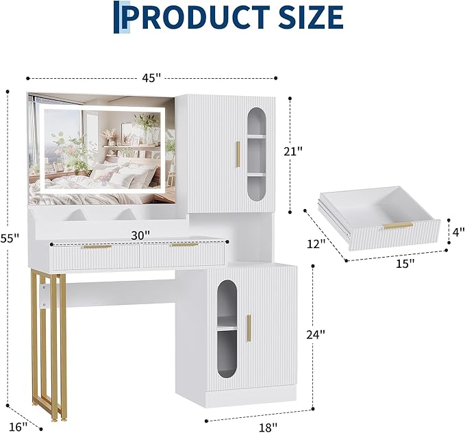 IDEALHOUSE Fluted Vanity Desk with Mirror and Lights, 45" Makeup Vanity with Large Cabinets, Drawers, Dressing Table with 3 Color Lighting Modes, Built-in Charging Station for Bedroom, White