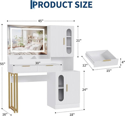 IDEALHOUSE Fluted Vanity Desk with Mirror and Lights, 45" Makeup Vanity with Large Cabinets, Drawers, Dressing Table with 3 Color Lighting Modes, Built-in Charging Station for Bedroom, White