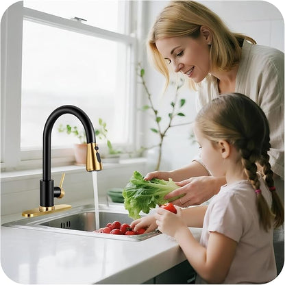 Kitchen Faucet with Pull Down Sprayer - Gold & Black Single Handle Kitchen Faucets, High Arc Stainless Steel Pull Out Kitchen Sink Faucet with Deck for RV Laundry Farmhouse Bar
