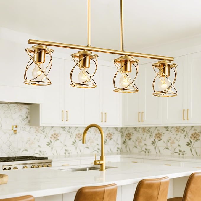 mavcadonf Kitchen Island Light, 4-Light Dining Room Lighting Fixtures Hanging, Farmhouse Linear Pendant Light for Kitchen Island Table Living Room with Adjustable Rods, Brushed Gold