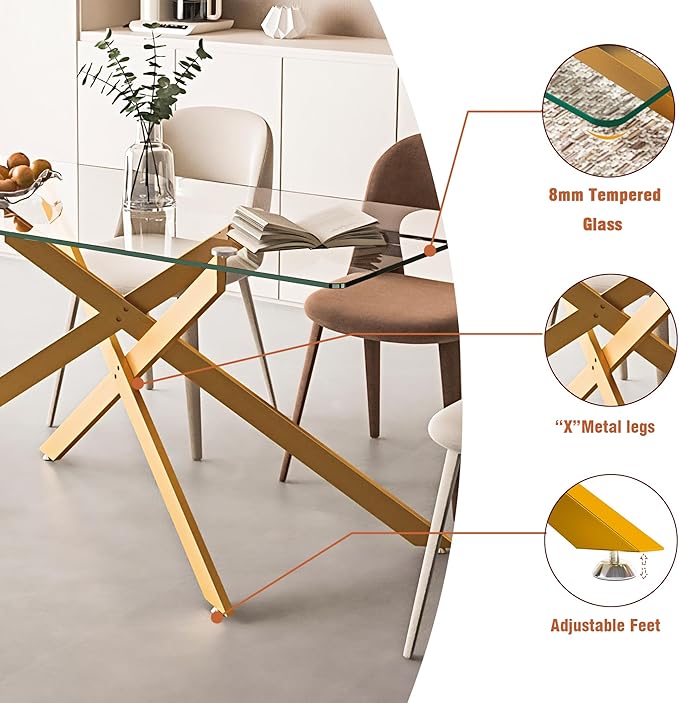 Glass Dining Table,60.63'' Rectangular Dining Kitchen Table,Modern X-Design Dining Room Table with Gold Stainless Steel Base for Dining Room (Gold,61'')