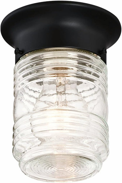 Design House Outdoor Ceiling Light, Jelly Jar Shape, Clear Ribbed Glass, Wet Rated, LED-Compatible, For Porches/Patios/Garages, Black, 4.8 in W x 5.9 in H, 587220