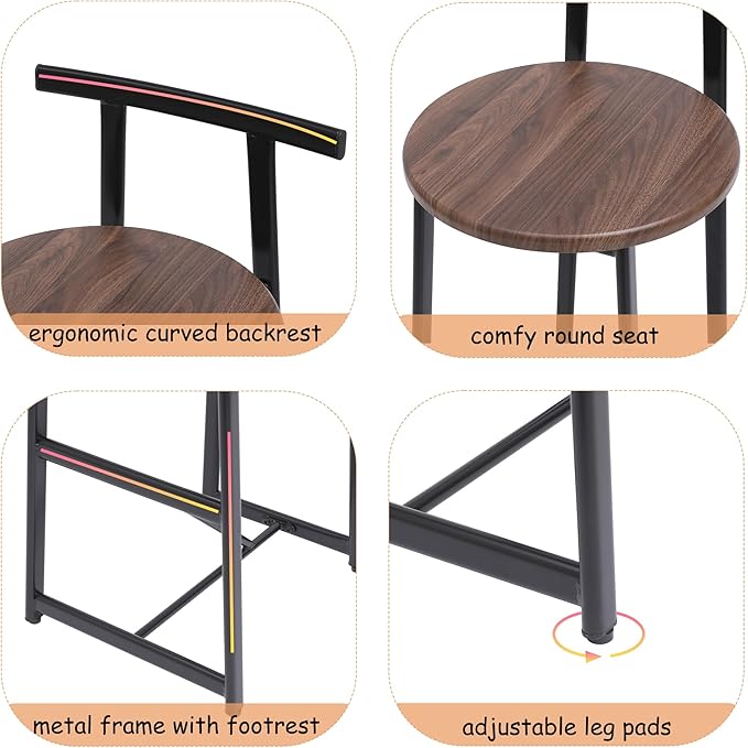 3-Piece Counter Height Bar Stool Set - Armless Back Stools for Kitchen Island (Walnut Brown + MDF + Modern)