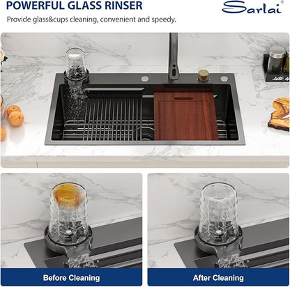 Sarlai 33 Inch Black Waterfall Kitchen Sink 33x19 Drop In Workstation Kitchen Sink Stainless Steel 16 Gauge Topmount Single Bowl Multifunctional Top Mount Sinks with Faucet Combo