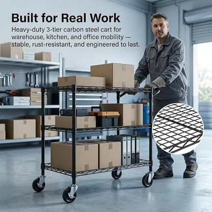 Finnhomy 3 Tier Heavy Duty Commercial Grade Utility Cart, Wire Rolling Cart with Handle Bar, Steel Service Cart with Wheels, Kitchen Carts on Wheels, Metal Cart Shelf Size 18" D x 36" W, NSF, Black