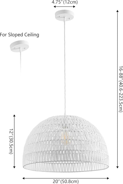 JONATHAN Y 20" White Modern Bohemian Woven Rope LED Pendant Light Fixture, Adjustable Dome Ceiling Lamp for Kitchen Island, Rope Shade, Coastal Farmhouse Decor (JYL6504E)
