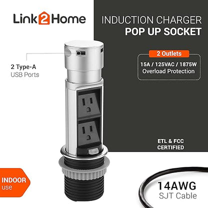 Link2Home Space Saver Pop Up-Outlet, 2 Power Outlets, 2 USB Ports 2.4 Amp, Overload Protection, Splash Resistant EM-PU-200E