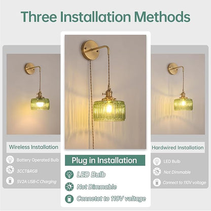 Shenmoyl Vintage Wall Sconce with Green Striped Glass Shade Hanging Wall Sconce with 4.9FT Plug in Cord, Modern Wall Lamp Fixtures Decor for Bedside Bedroom Indoor Doorway, Set of 2