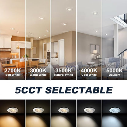 4 Pack White 4-inch 5 CCT Gimbal LED Recessed/Downlight Color Selectable 2700K/3000K/3500K/4000K/5000K 800Lm 9W 120V Dimness Adjustable LED Lights