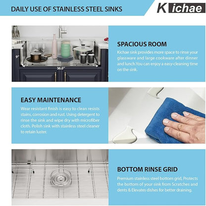 Kichae 36 Inch Farmhouse Kitchen Sink Ledge Workstation Apron Front Farmer Sink Stainless Steel Single Bowl Handmade Modern Farm Style with Accessories