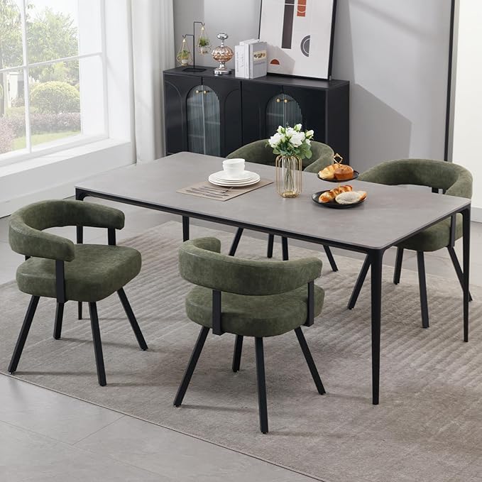 Modern Barrel Dining Chairs Set of 4, Green PU Leather Upholstered Dining Room Chairs with Arms, Comfy Kitchen Chairs with Black Metal Legs for Dinner Living Room